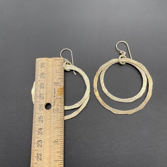 Double Circle Textured Hoop Dangle Drop Earrings Hook Closure Silver Tone - Picture 4 of 4